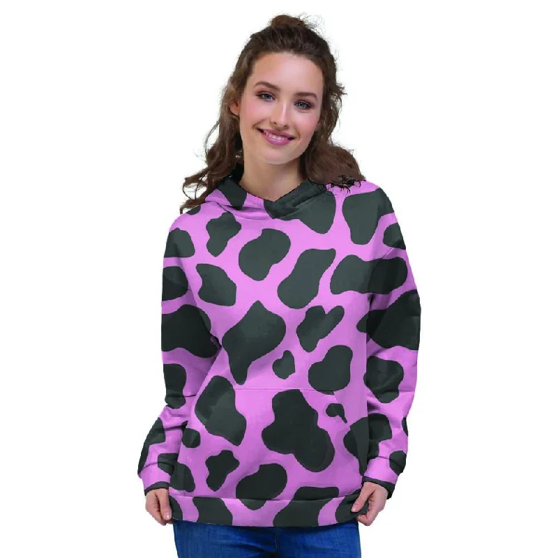 Black Pink Cow Print Women's Hoodie