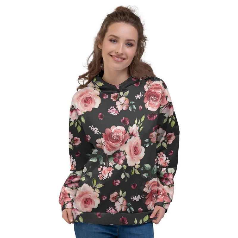 Black Pink Rose Flower Print Women's Hoodie